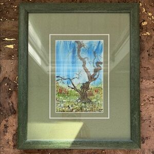 Green Framed Tree Art Water Color Painting Signed 🖼️
